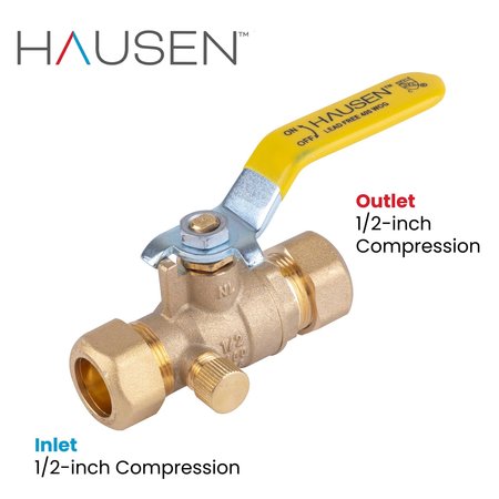 Hausen Premium Brass Full Port Ball Valve with Drain, with 1/2 in. Compression Connections, 10PK HA-BV115-10